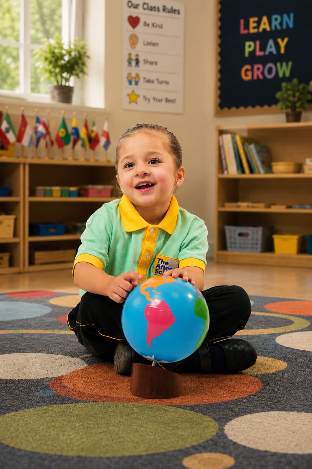 A child smiling with a colourful globe in the classroom